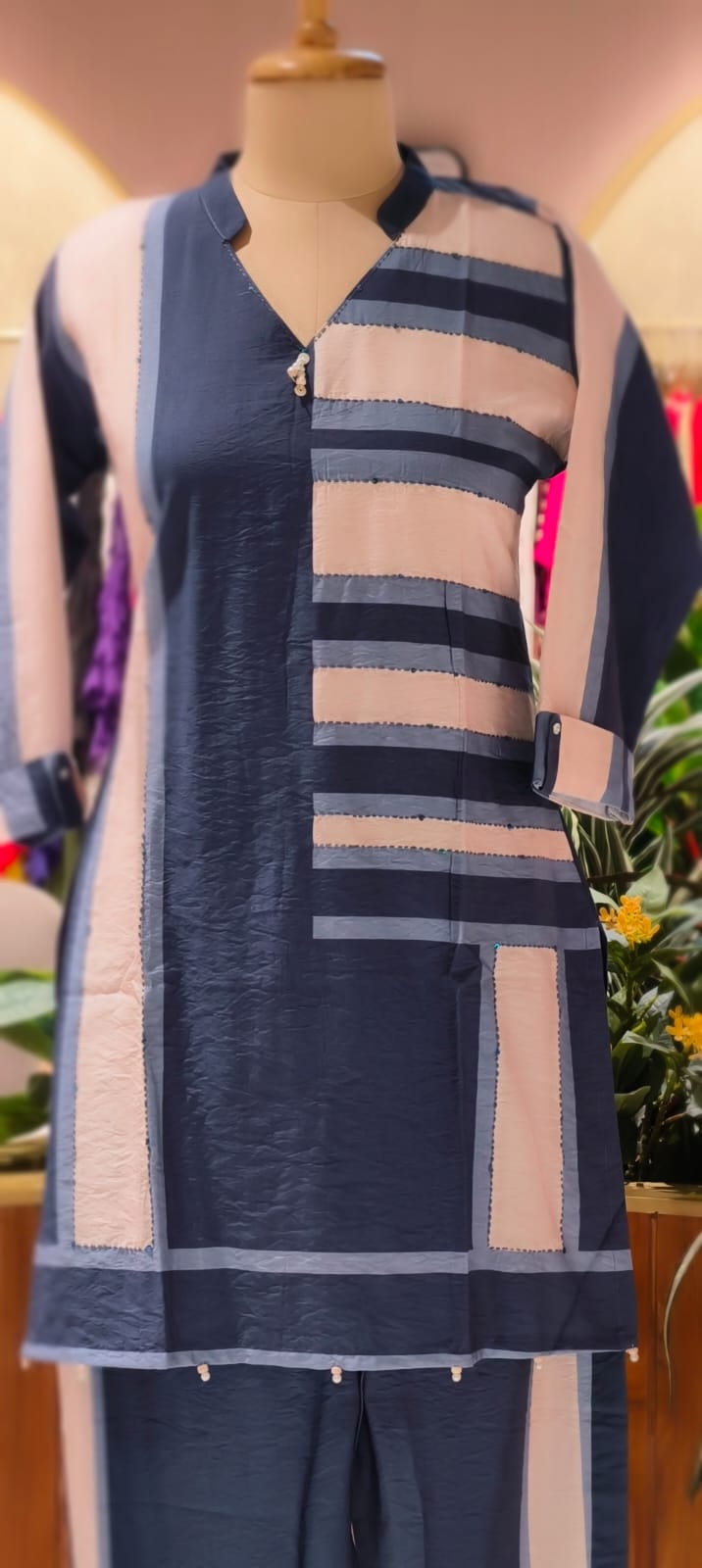 Dual Tone Striped Print Co-Ord Set In Nylon Viscose Silk Fabric- 13441