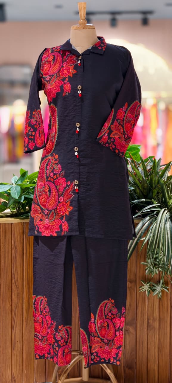 Vibrant Mango Buti Floral Print Buttoned Co-Ord Set In Nylon Viscose Silk Fabric- 13430