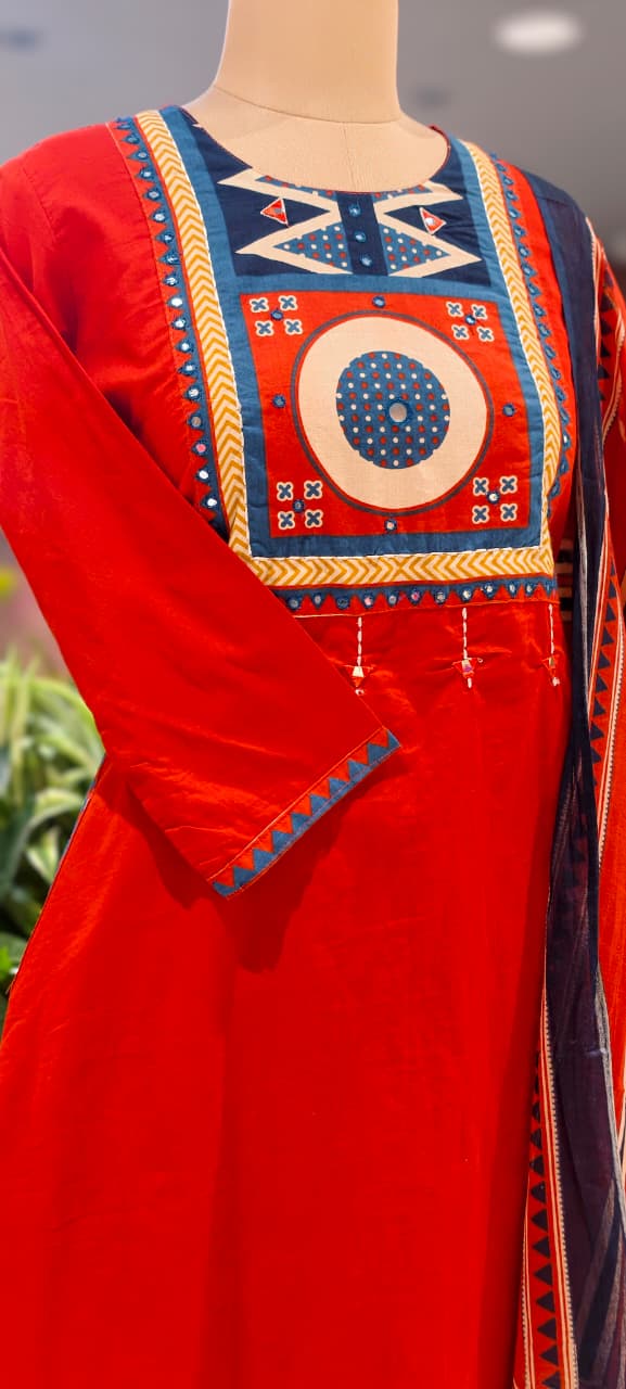 Premium Cotton Kurta Pant Dupatta Set with Traditional Geometric Print Yoke, Contrast Borders, Elegant Straight Silhouette & Printed Dupatta-13402