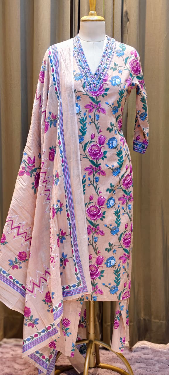 Floral Elegance Complete Printed Cotton Full Suit Set With Dupatta- 13372