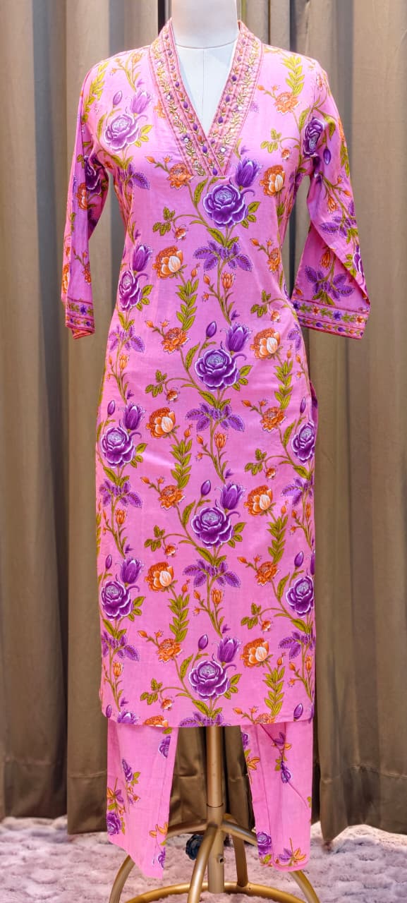 Floral Elegance Complete Printed Cotton Full Suit Set With Dupatta- 13372