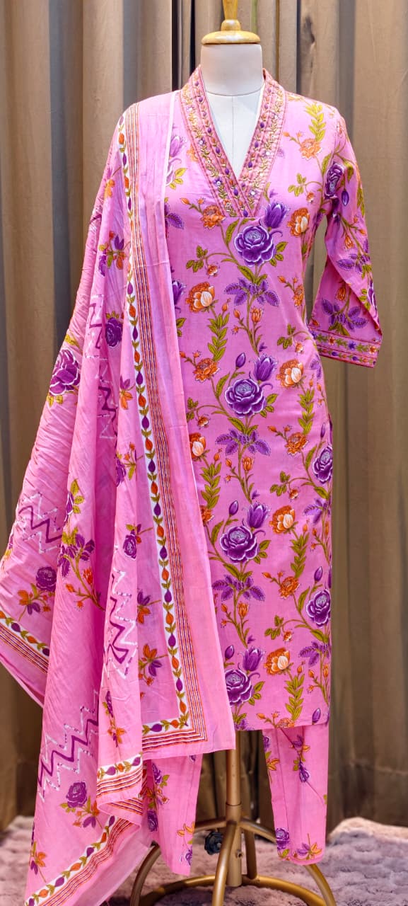Floral Elegance Complete Printed Cotton Full Suit Set With Dupatta- 13372