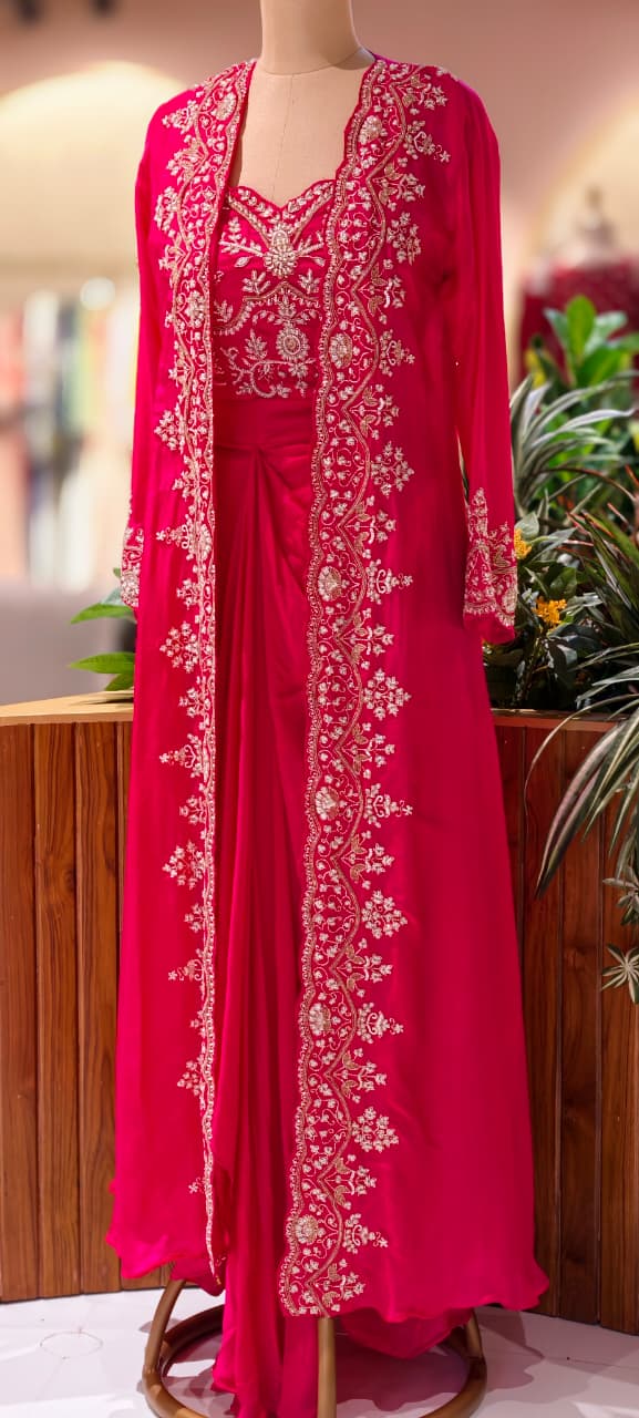 Vibrant Zariya Floral Hand Embroidered Buster With Long Shrug & Flowy Drape Skirt