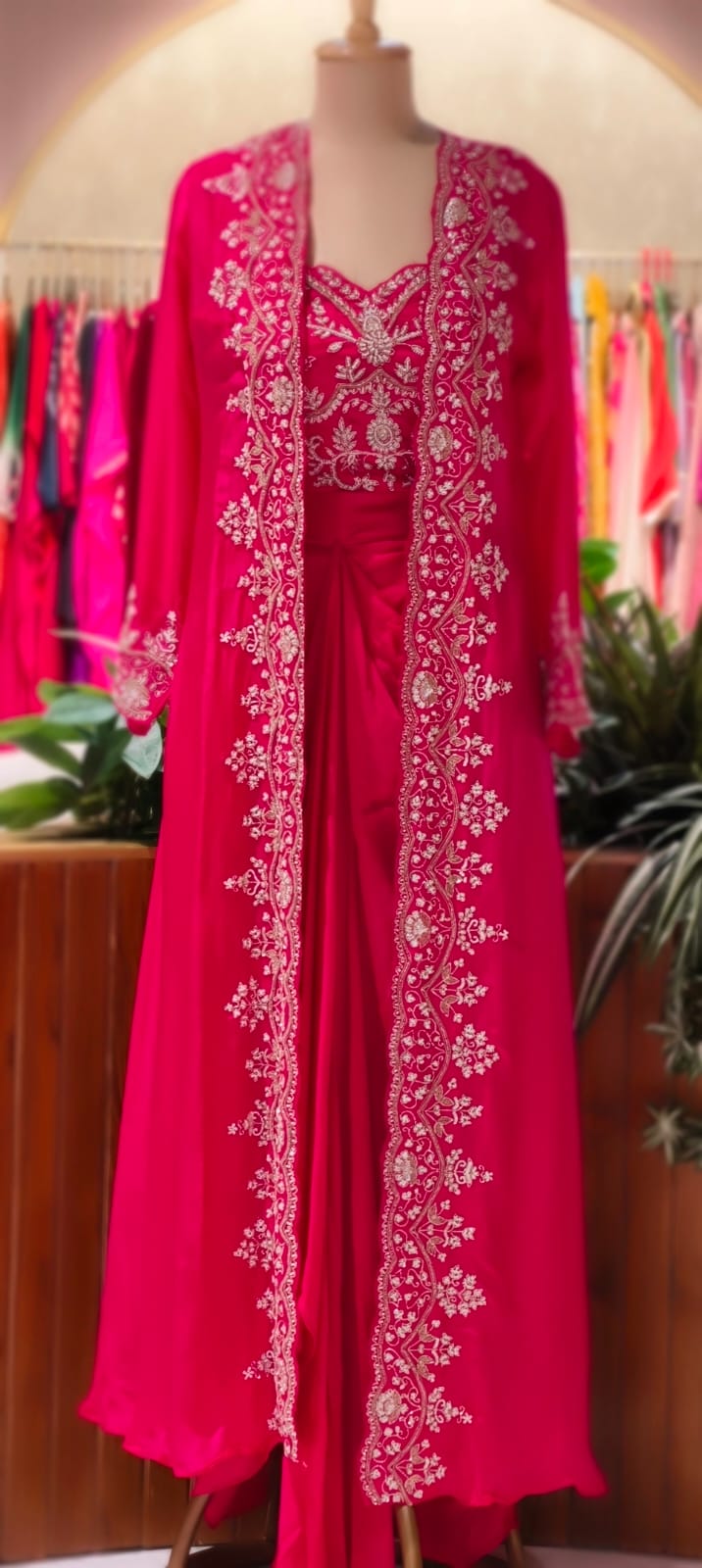 Vibrant Zariya Floral Hand Embroidered Buster With Long Shrug & Flowy Drape Skirt