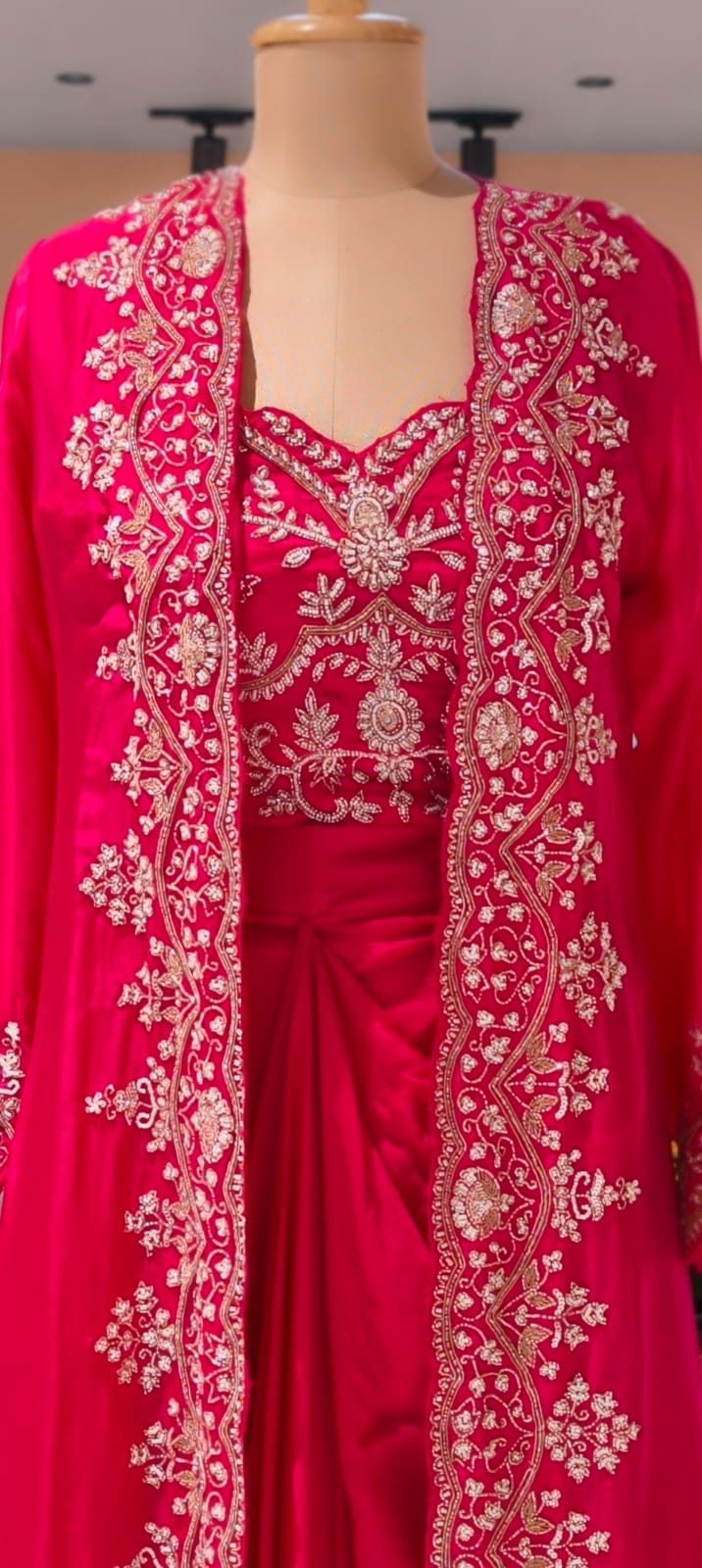 Vibrant Zariya Floral Hand Embroidered Buster With Long Shrug & Flowy Drape Skirt