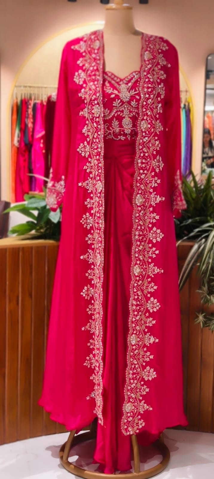 Vibrant Zariya Floral Hand Embroidered Buster With Long Shrug & Flowy Drape Skirt