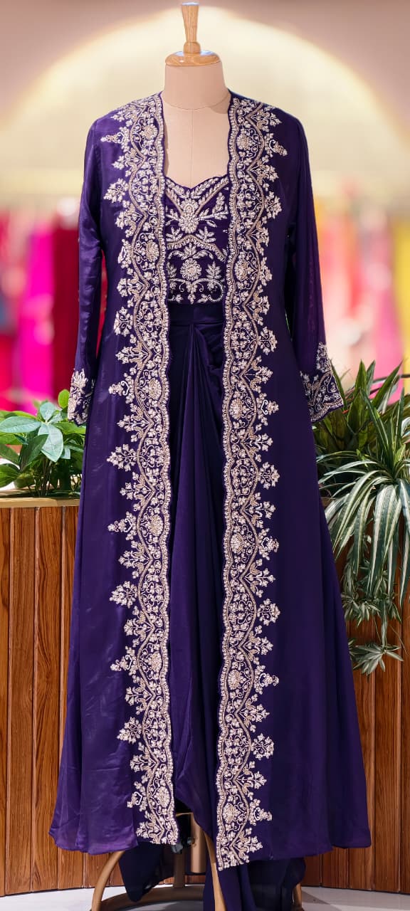 Vibrant Zariya Floral Hand Embroidered Buster With Long Shrug & Flowy Drape Skirt