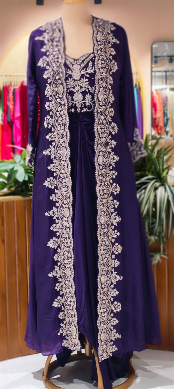 Vibrant Zariya Floral Hand Embroidered Buster With Long Shrug & Flowy Drape Skirt
