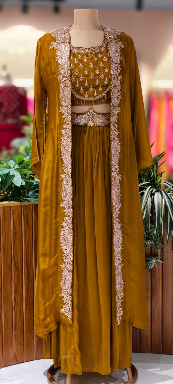 Very Festive Hand Embellished Heavy Work Buster With Shrug & Flowy Drape Skirt- 13383