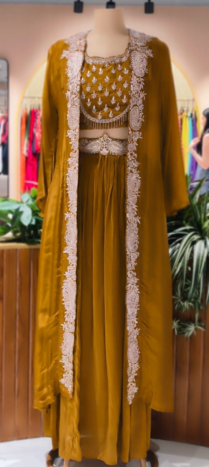 Very Festive Hand Embellished Heavy Work Buster With Shrug & Flowy Drape Skirt- 13383