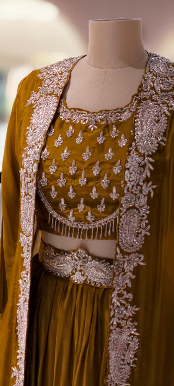 Very Festive Hand Embellished Heavy Work Buster With Shrug & Flowy Drape Skirt- 13383