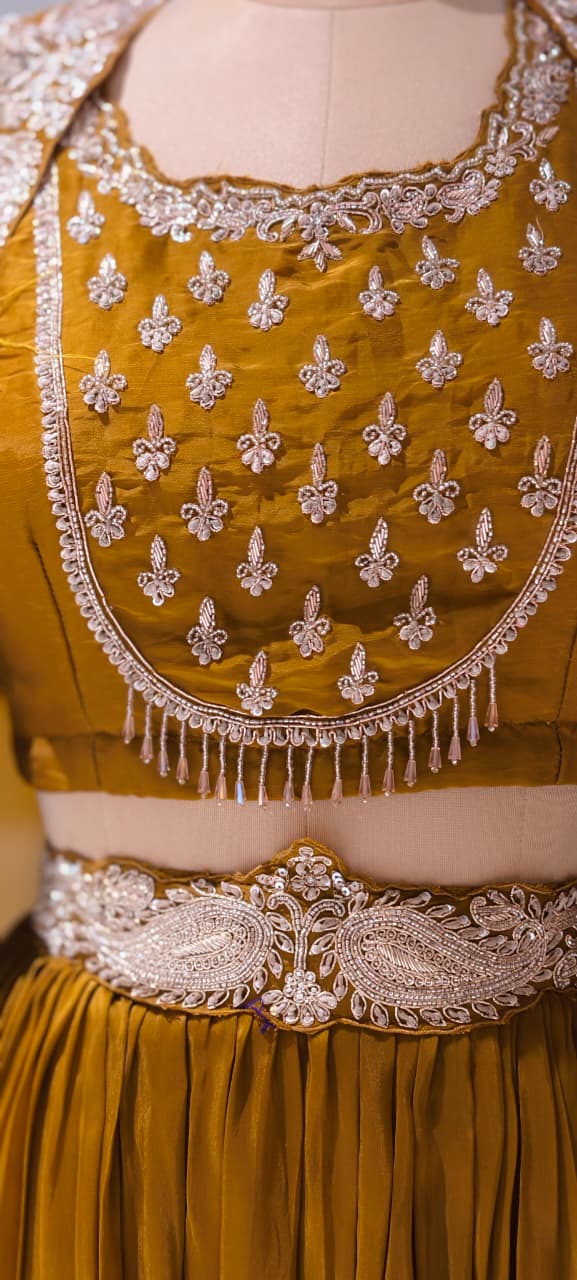 Very Festive Hand Embellished Heavy Work Buster With Shrug & Flowy Drape Skirt- 13383