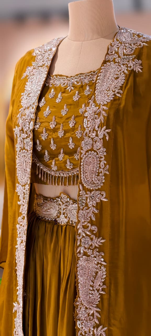 Very Festive Hand Embellished Heavy Work Buster With Shrug & Flowy Drape Skirt- 13383