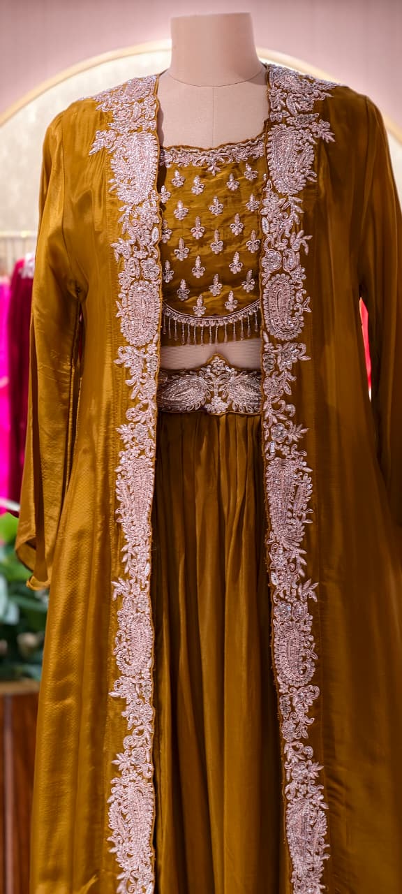 Very Festive Hand Embellished Heavy Work Buster With Shrug & Flowy Drape Skirt- 13383