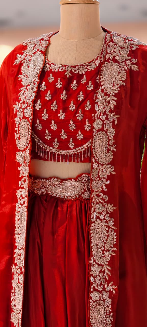 Very Festive Hand Embellished Heavy Work Buster With Shrug & Flowy Drape Skirt- 13383