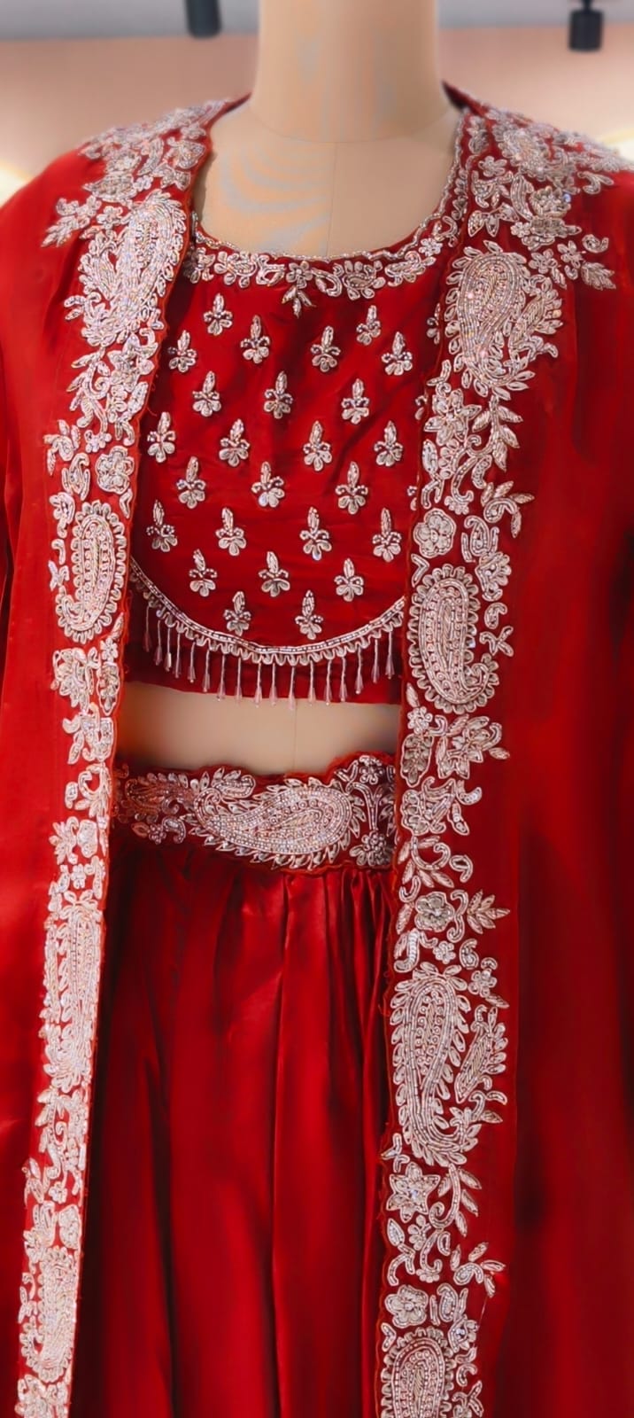 Very Festive Hand Embellished Heavy Work Buster With Shrug & Flowy Drape Skirt- 13383