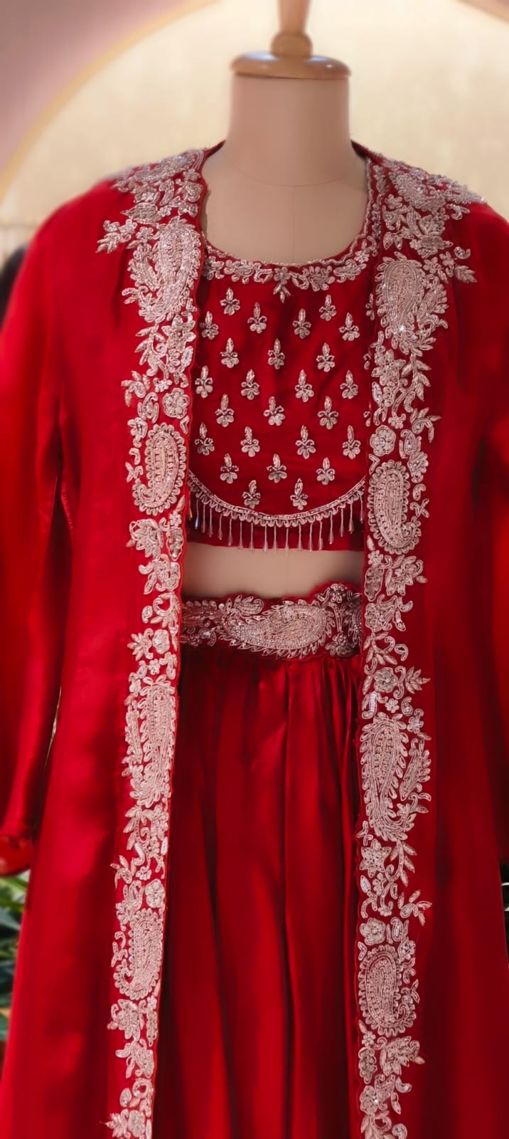 Very Festive Hand Embellished Heavy Work Buster With Shrug & Flowy Drape Skirt- 13383