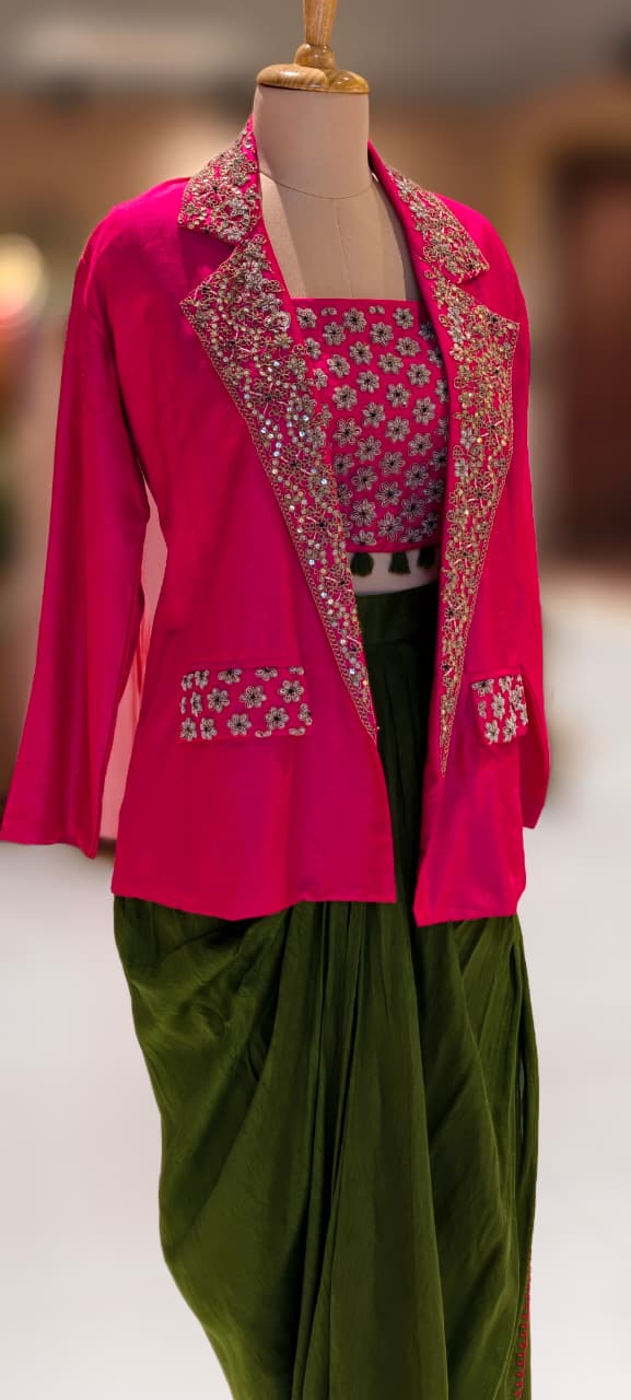 Regal Zardosi Handwork Premium Party Wear Buster With Solid Drape Skirt & Heavy Jacket- 13266