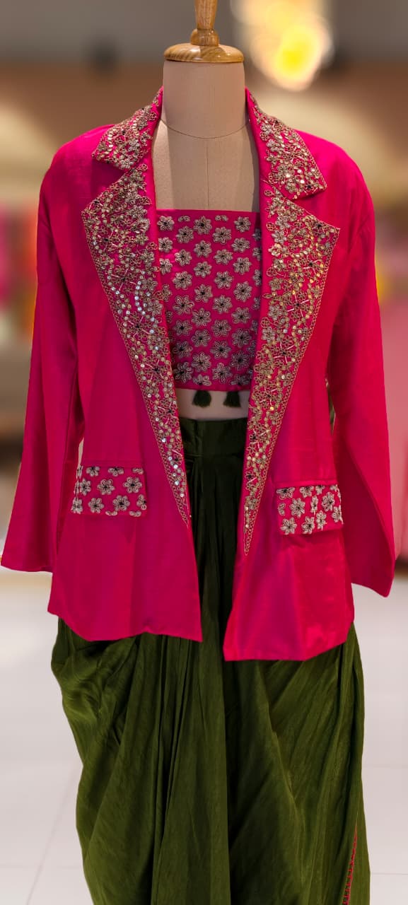 Regal Zardosi Handwork Premium Party Wear Buster With Solid Drape Skirt & Heavy Jacket- 13266