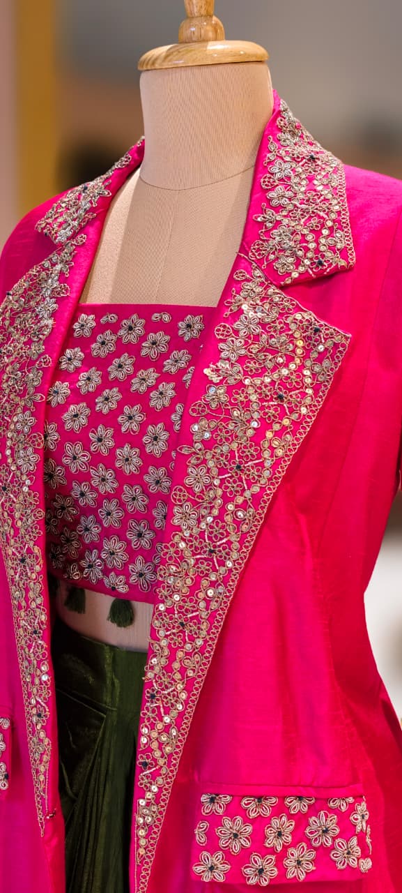 Regal Zardosi Handwork Premium Party Wear Buster With Solid Drape Skirt & Heavy Jacket- 13266