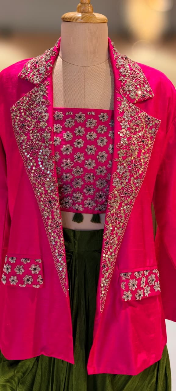 Regal Zardosi Handwork Premium Party Wear Buster With Solid Drape Skirt & Heavy Jacket- 13266