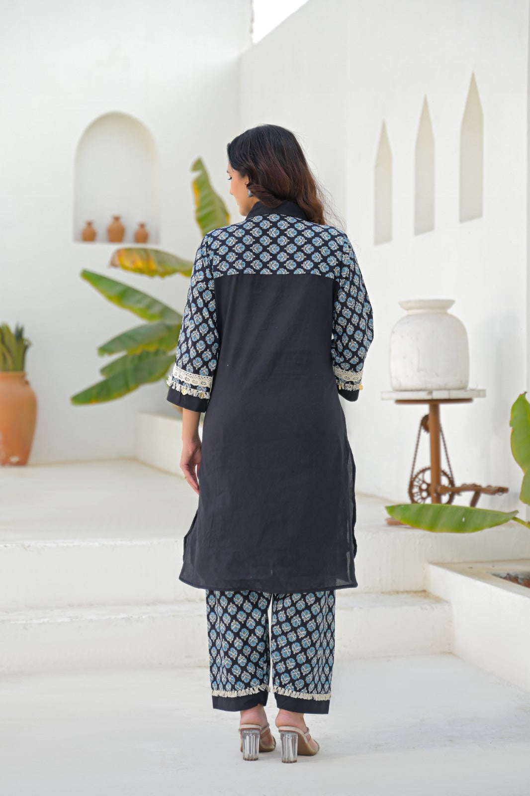 Lace-Trimmed Gilded Foil Upwork Printed Cotton Collared Co-Ord Set- 13485