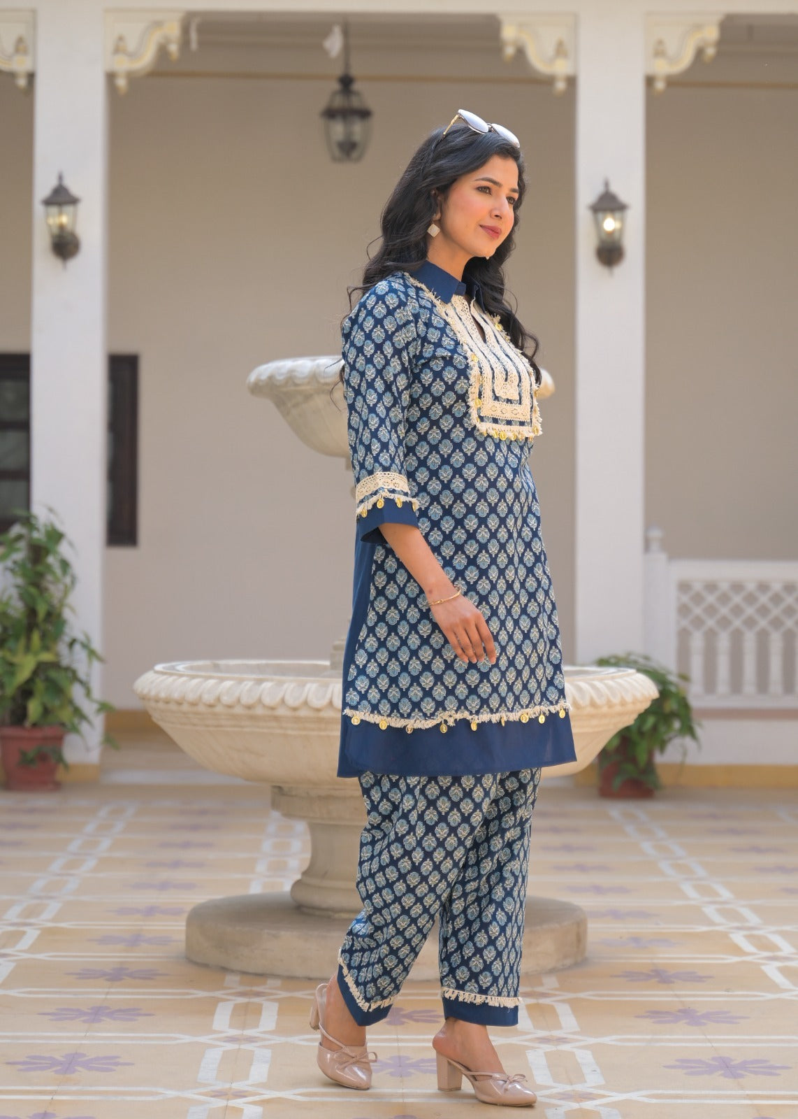 Lace-Trimmed Gilded Foil Upwork Printed Cotton Collared Co-Ord Set- 13485