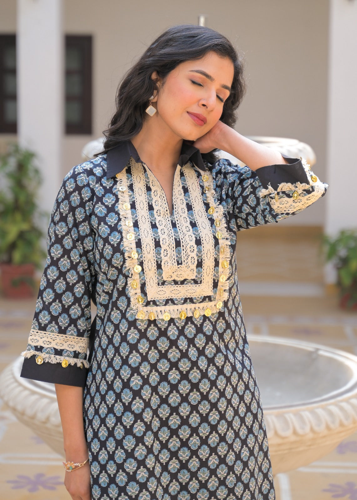 Lace-Trimmed Gilded Foil Upwork Printed Cotton Collared Co-Ord Set- 13485