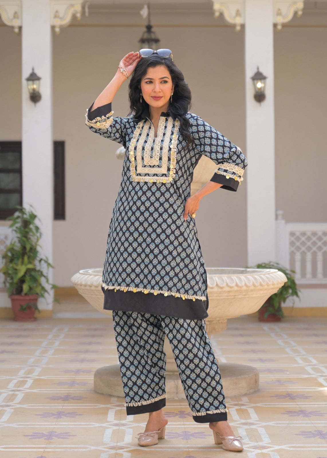 Lace-Trimmed Gilded Foil Upwork Printed Cotton Collared Co-Ord Set- 13485