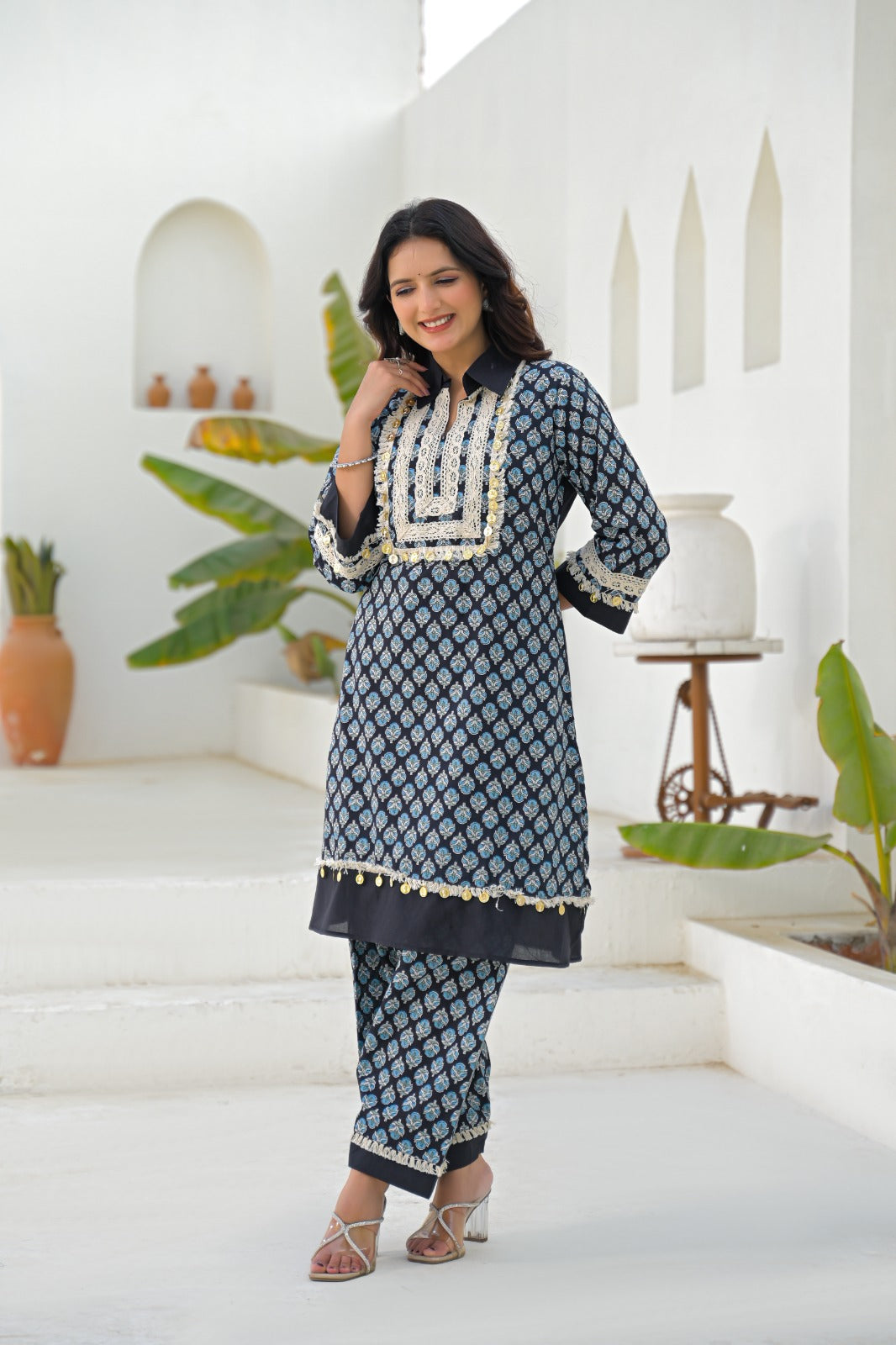 Lace-Trimmed Gilded Foil Upwork Printed Cotton Collared Co-Ord Set- 13485