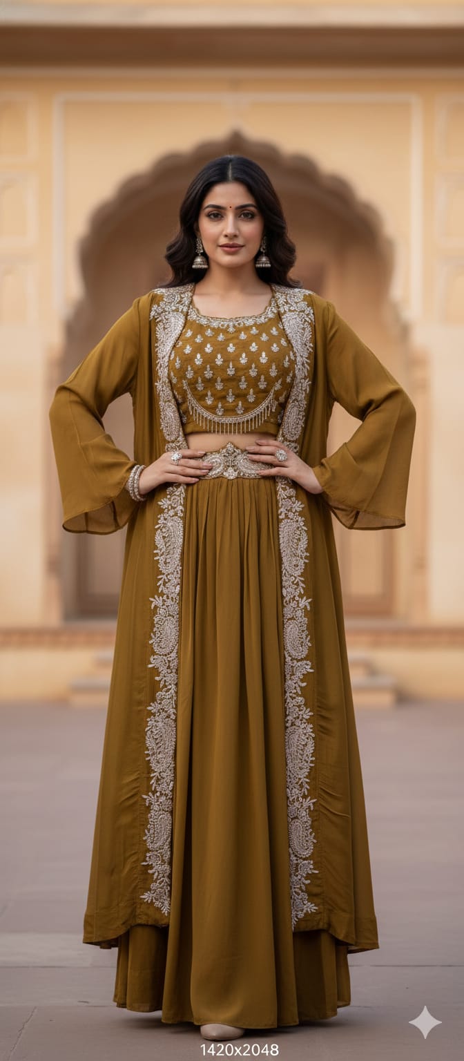 Very Festive Hand Embellished Heavy Work Buster With Shrug & Flowy Drape Skirt- 13383