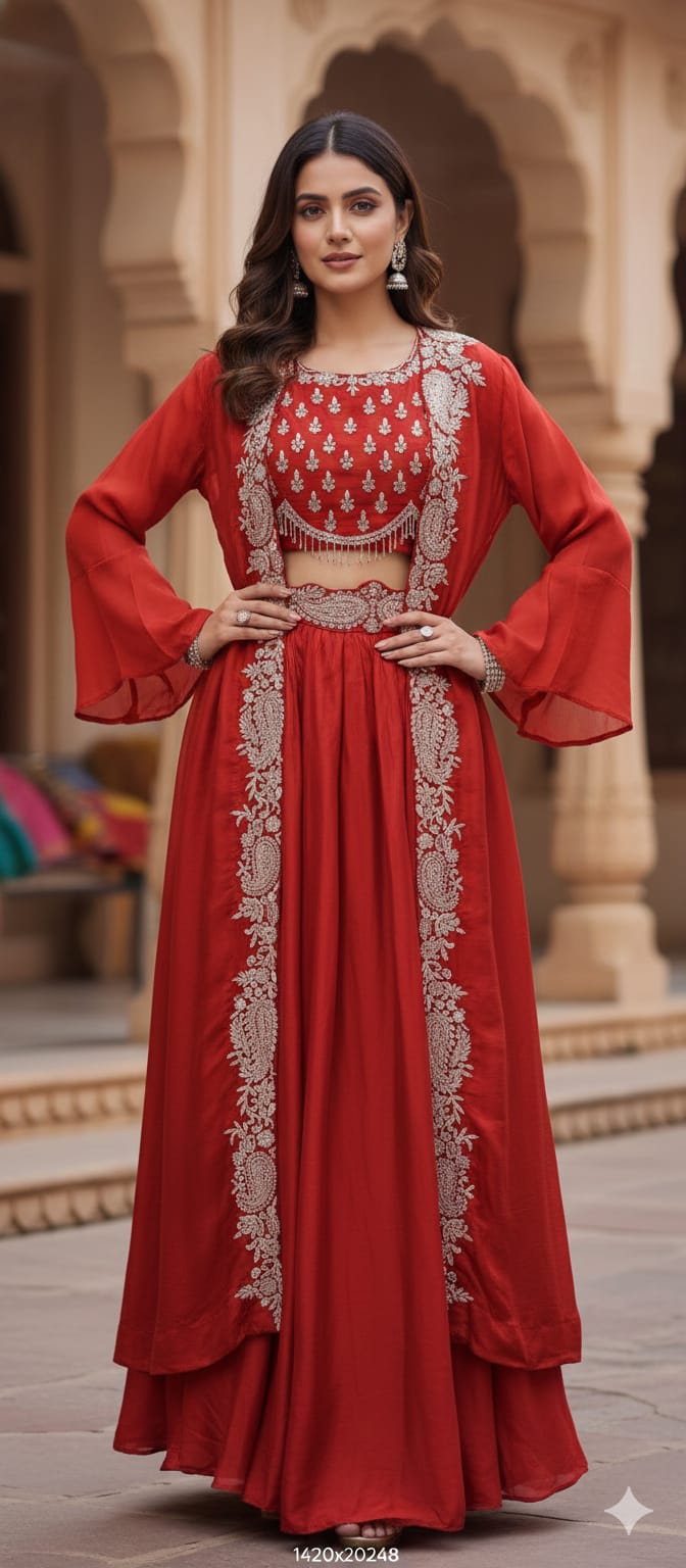 Very Festive Hand Embellished Heavy Work Buster With Shrug & Flowy Drape Skirt- 13383