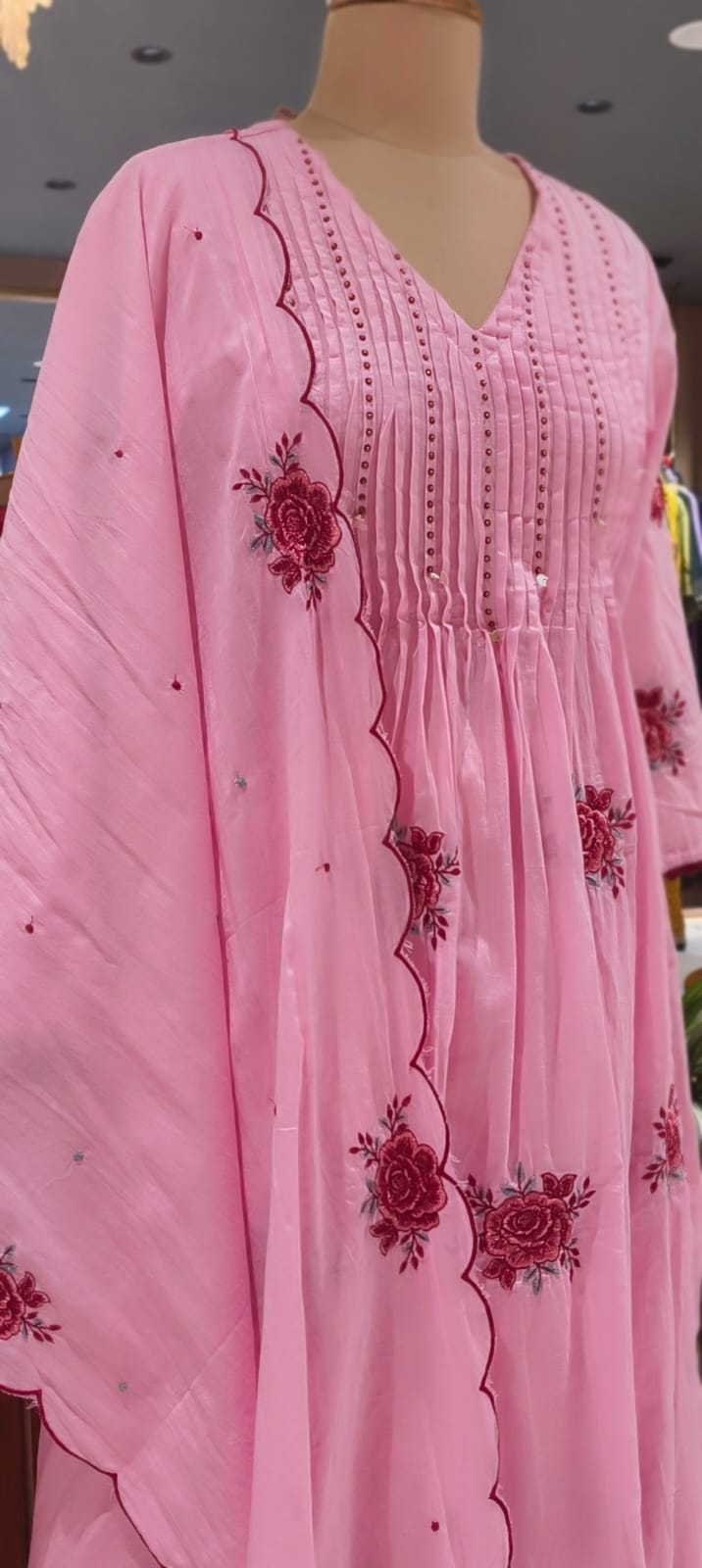 Very Suttle Floral Embroidery Pleated A-Line Full Suit Set With Dupatta In Mul Cotton Fabric- 13478
