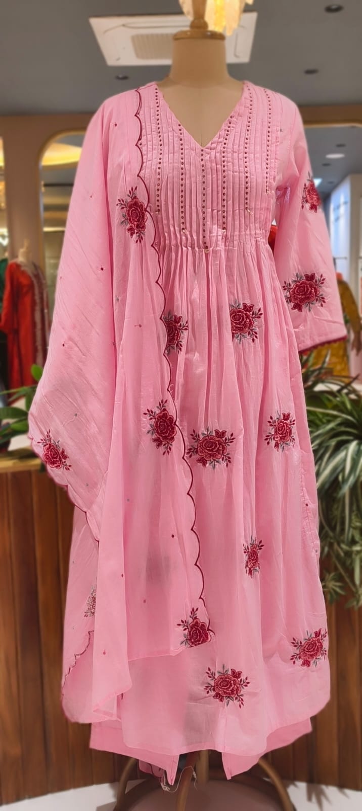 Very Suttle Floral Embroidery Pleated A-Line Full Suit Set With Dupatta In Mul Cotton Fabric- 13478
