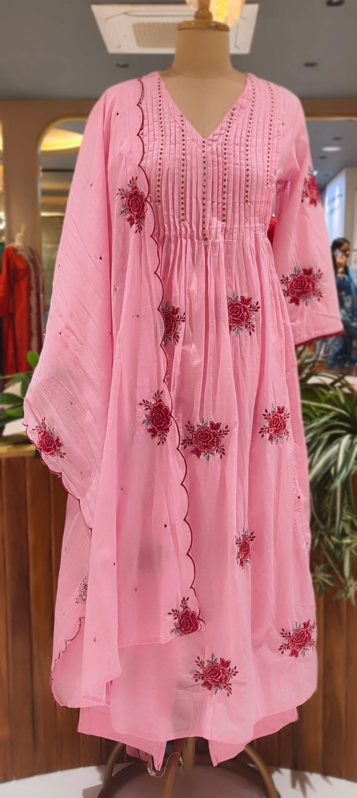 Very Suttle Floral Embroidery Pleated A-Line Full Suit Set With Dupatta In Mul Cotton Fabric- 13478