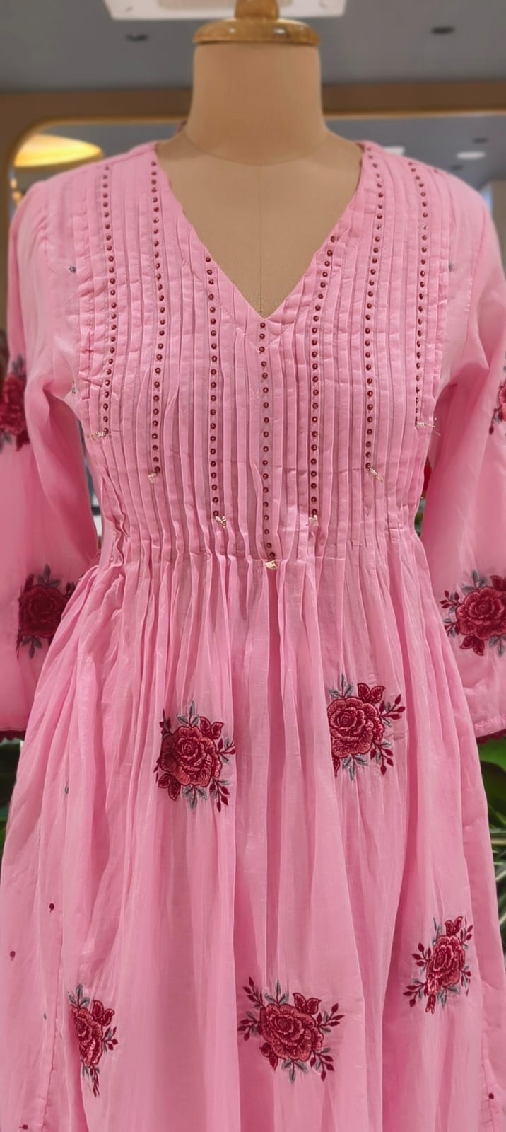 Very Suttle Floral Embroidery Pleated A-Line Full Suit Set With Dupatta In Mul Cotton Fabric- 13478