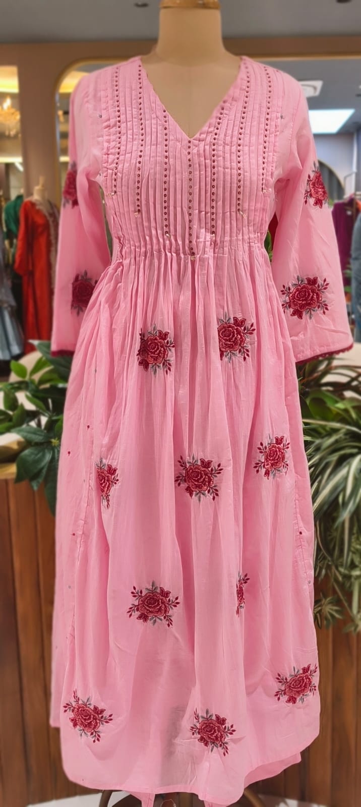 Very Suttle Floral Embroidery Pleated A-Line Full Suit Set With Dupatta In Mul Cotton Fabric- 13478