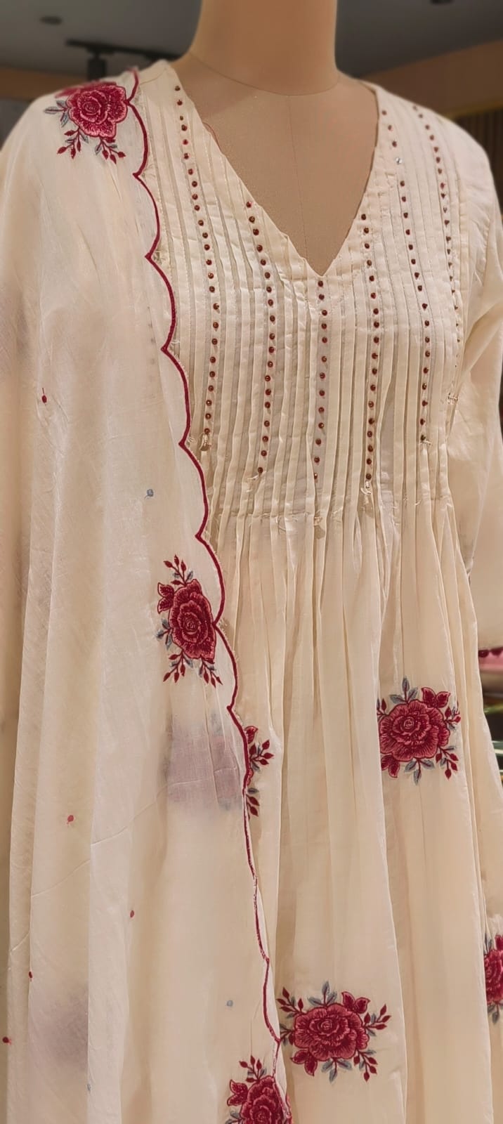 Very Suttle Floral Embroidery Pleated A-Line Full Suit Set With Dupatta In Mul Cotton Fabric- 13478