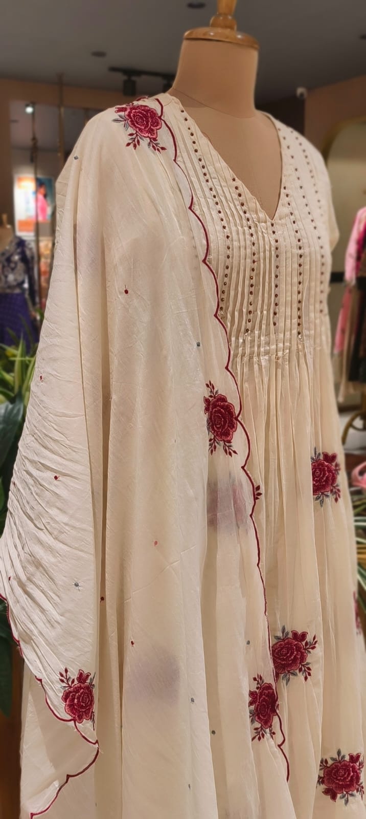 Very Suttle Floral Embroidery Pleated A-Line Full Suit Set With Dupatta In Mul Cotton Fabric- 13478