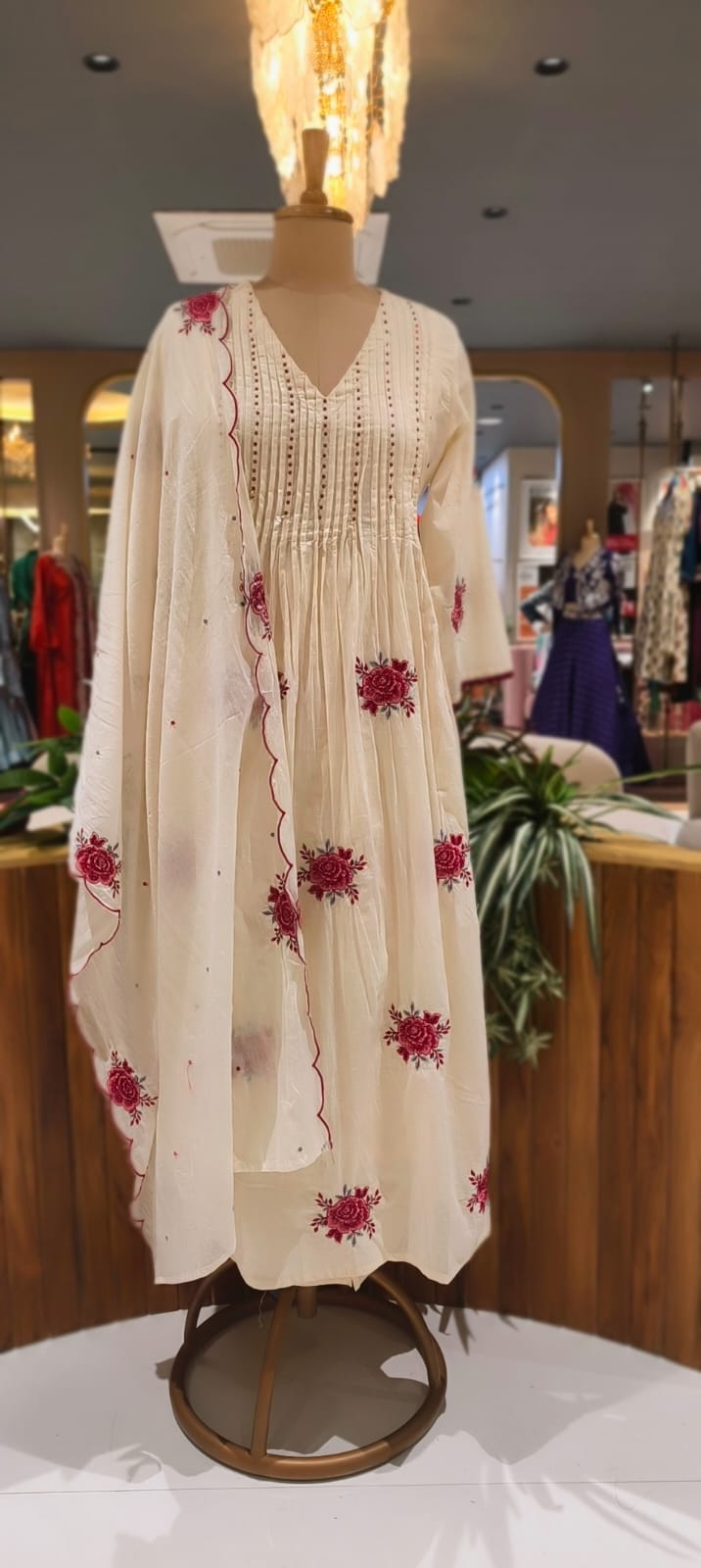 Very Suttle Floral Embroidery Pleated A-Line Full Suit Set With Dupatta In Mul Cotton Fabric- 13478