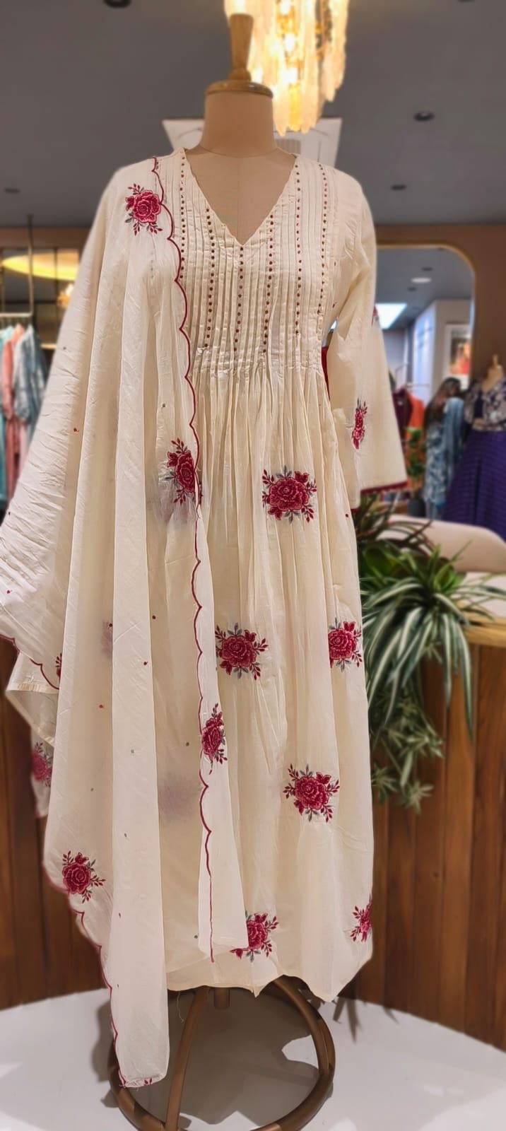 Very Suttle Floral Embroidery Pleated A-Line Full Suit Set With Dupatta In Mul Cotton Fabric- 13478