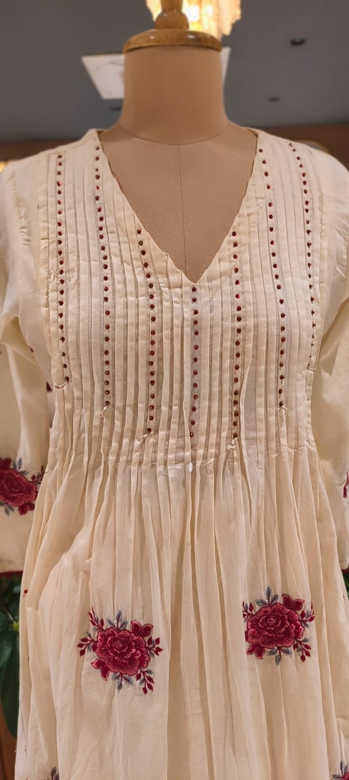 Very Suttle Floral Embroidery Pleated A-Line Full Suit Set With Dupatta In Mul Cotton Fabric- 13478