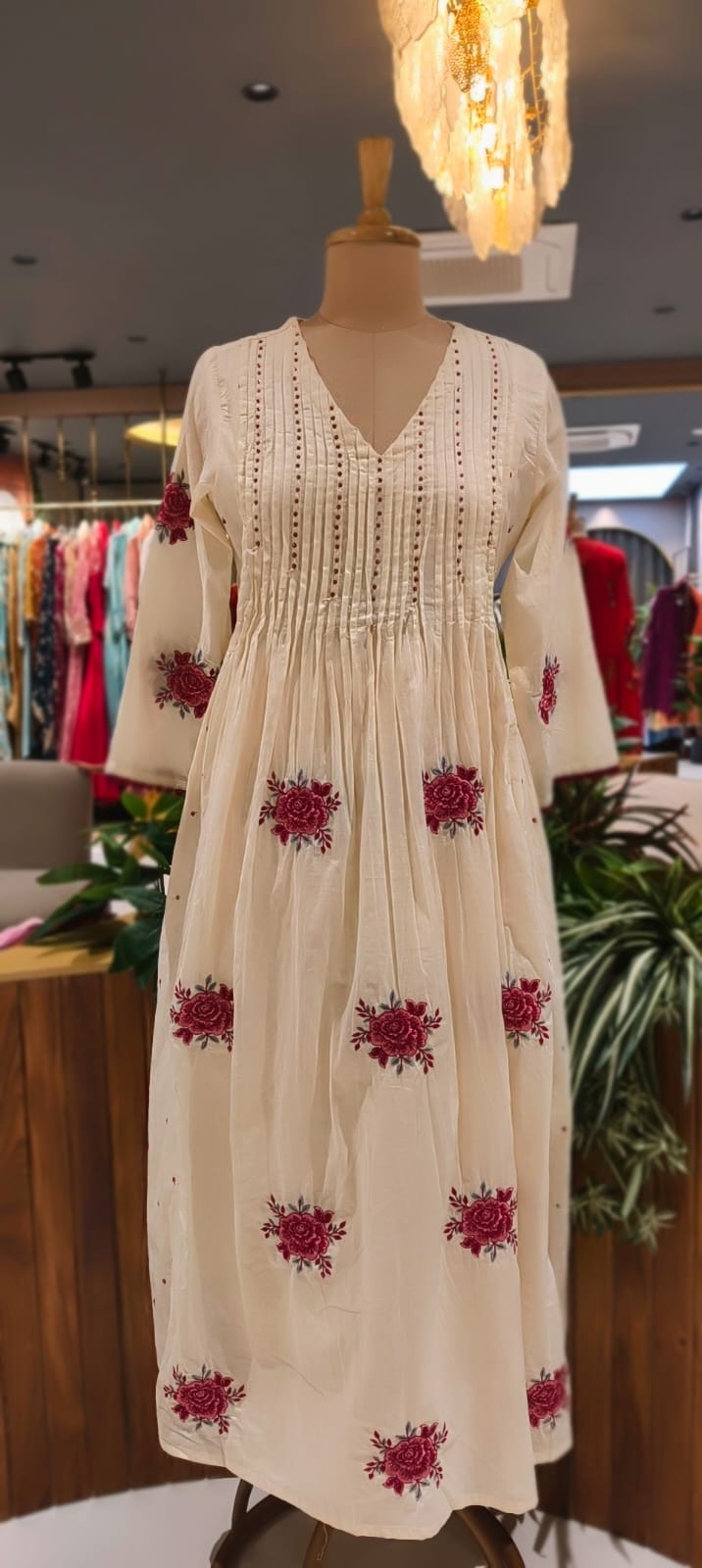 Very Suttle Floral Embroidery Pleated A-Line Full Suit Set With Dupatta In Mul Cotton Fabric- 13478