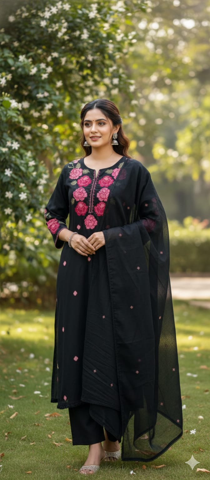 Cross Stitch Flora Embroidery A-Line Full Suit Set With Dupatta In Cotton Fabric- 13407