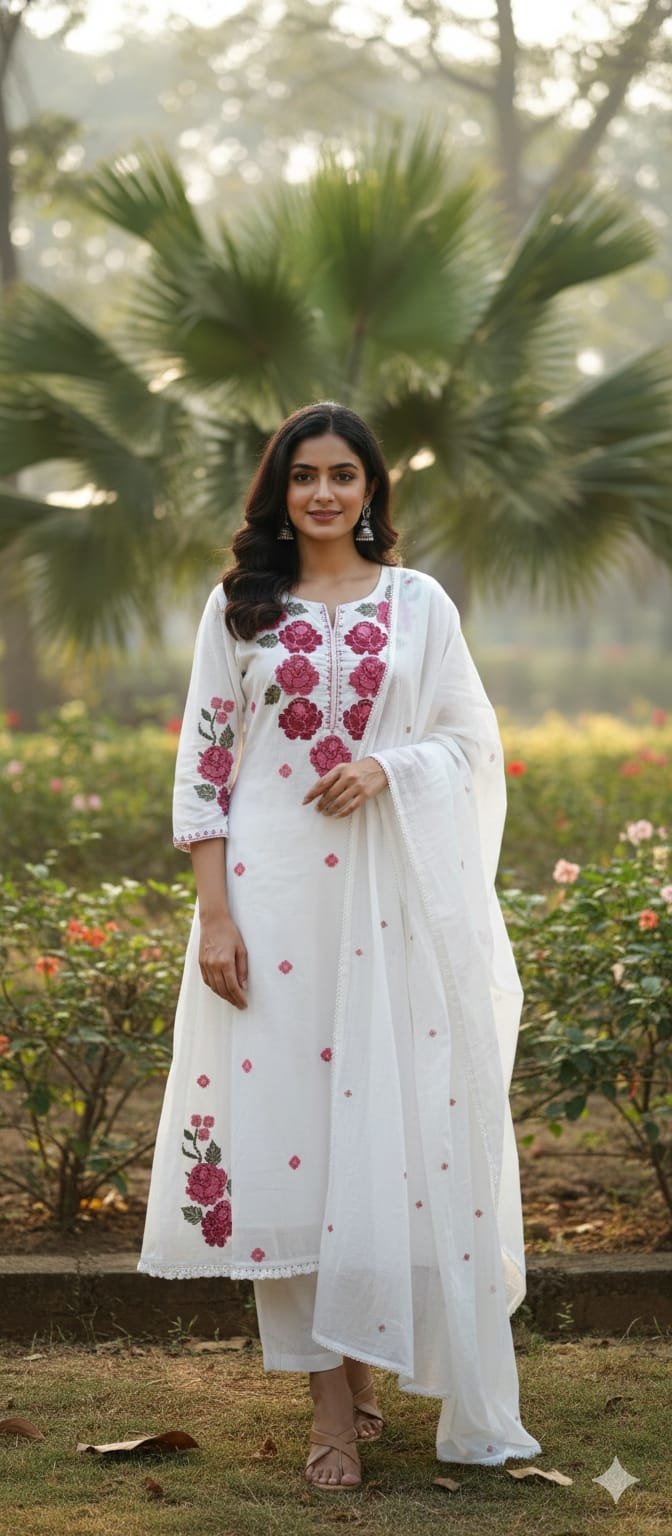 Cross Stitch Flora Embroidery A-Line Full Suit Set With Dupatta In Cotton Fabric- 13407