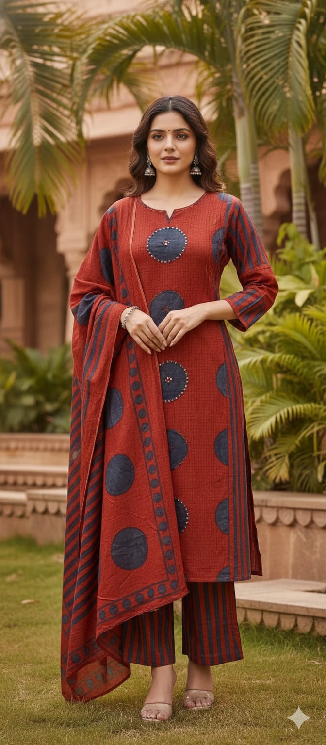 Rounded Work Foil Mirror Highlight Twin Color A-Line Full Suit Set With Dupatta In Cotton Fabric- 13404