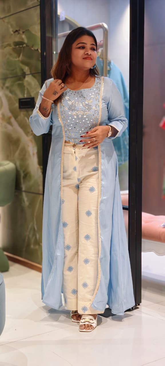 Pastel Elegance Intricate Embroidery Indo Wear Kurta With Bottom In Slub Cotton Fabric- 13496