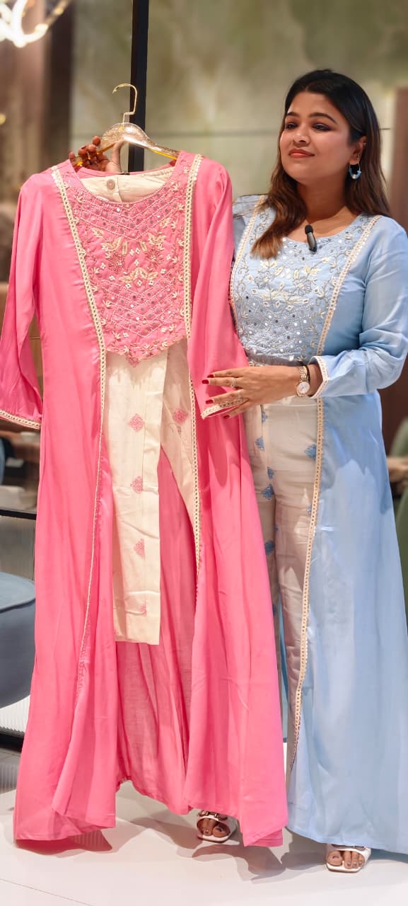 Pastel Elegance Intricate Embroidery Indo Wear Kurta With Bottom In Slub Cotton Fabric- 13496