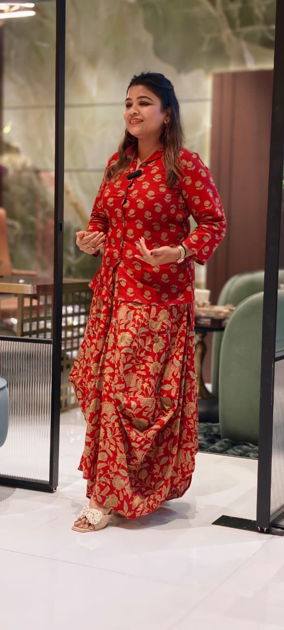 Pure Cotton Collared Printed Short Length Kurta With Cowl Style Skirt- 13494