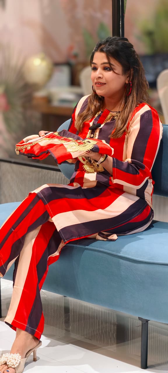 Striking Striped Bold Contemporary Neck Piece Look Kurta With Matching Bottom Set In Modal Satin Fabric- 13483